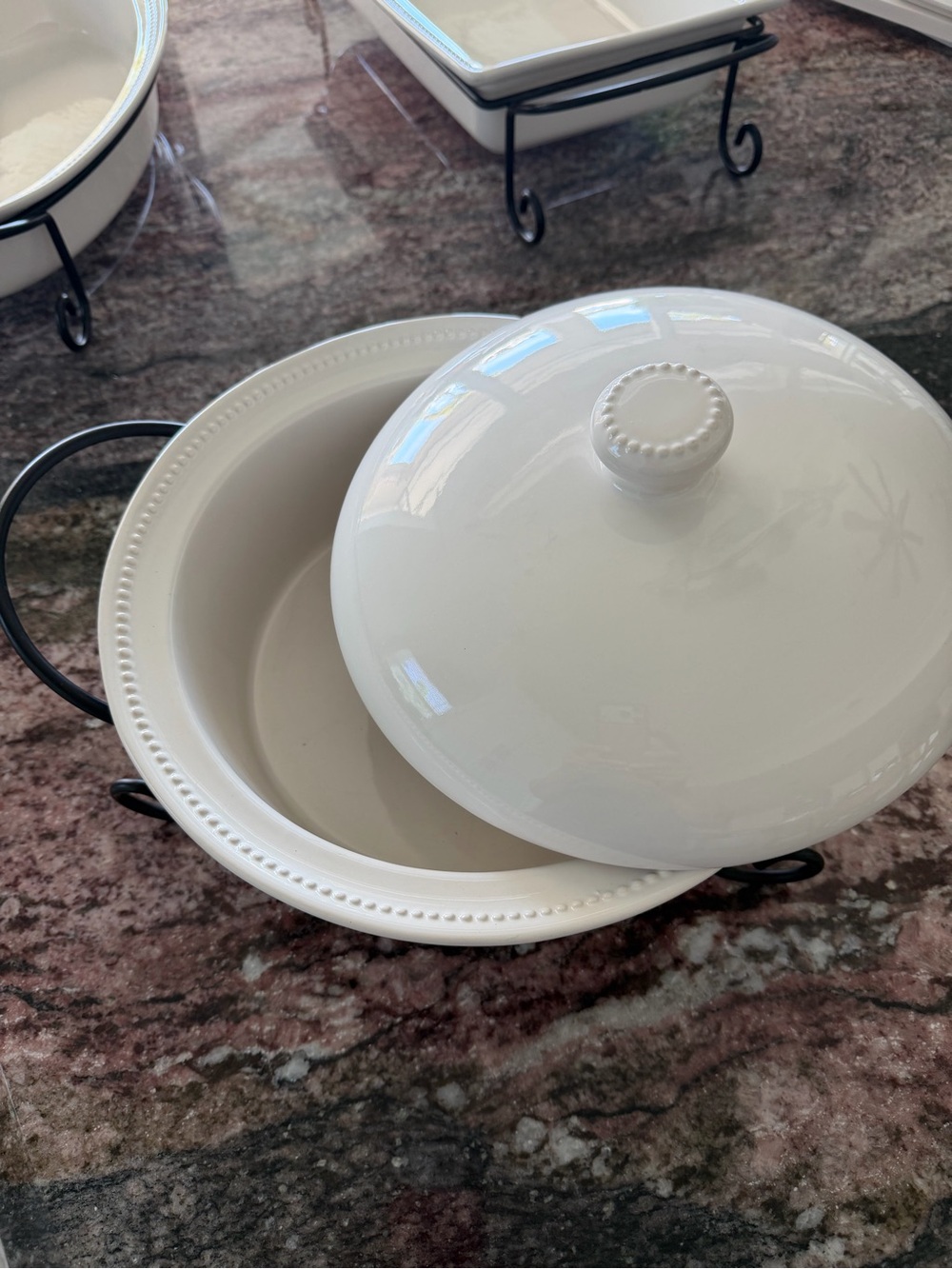 White Ceramic Covered Casserole Dish with Serving Stand